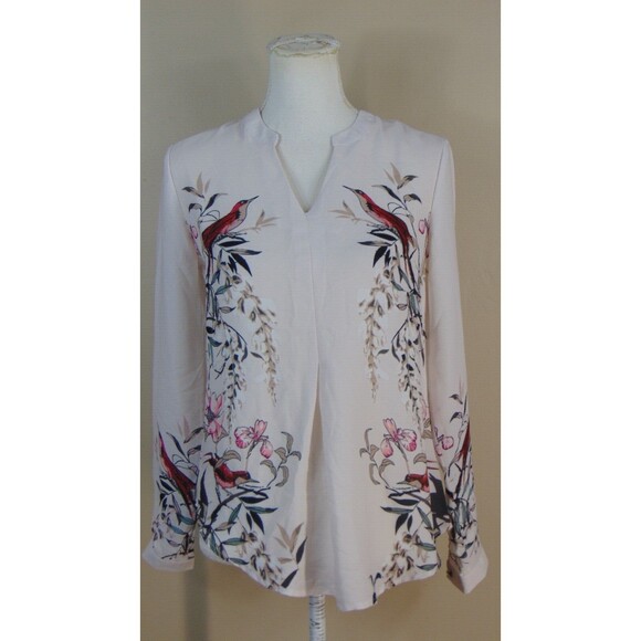 Chinese Asian Blouse Top Womens Small V-Neck Red Bird Detail Pleated White S - Picture 1 of 10